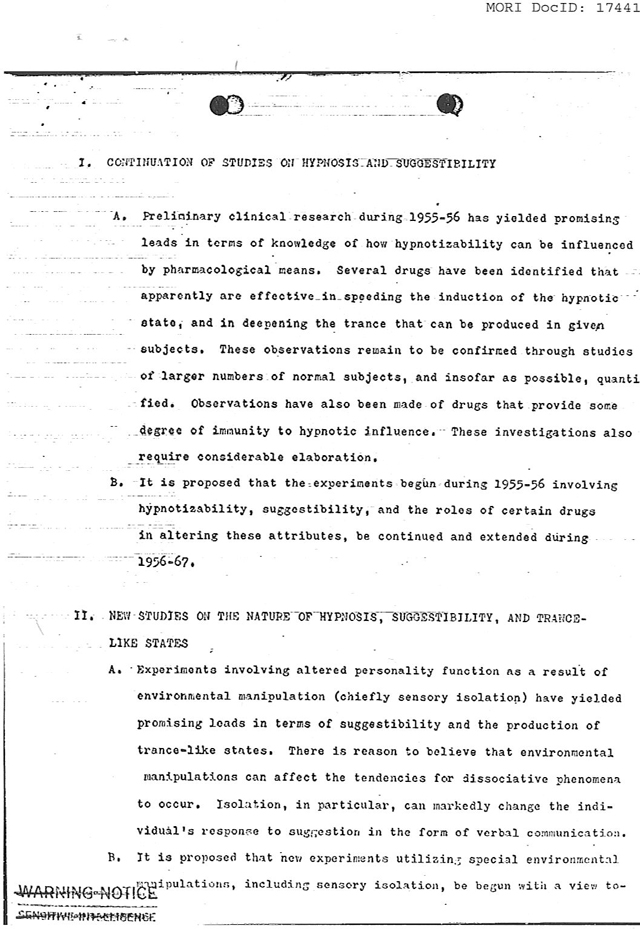 CIA Use of Drugs and Hypnosis for Dissociative Phenomenon in Mind Control